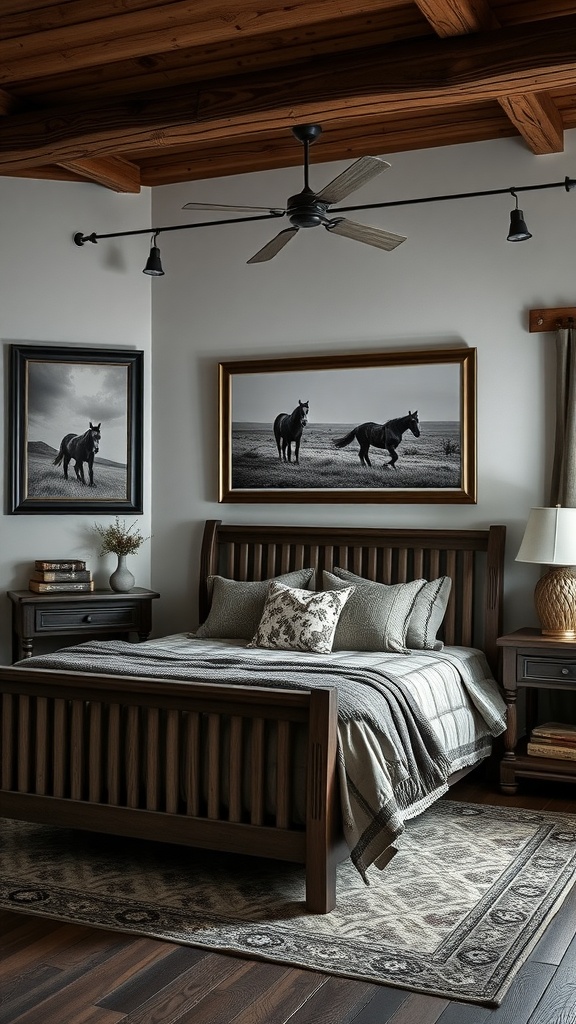 Western-themed bedroom featuring framed black-and-white photography of horses.