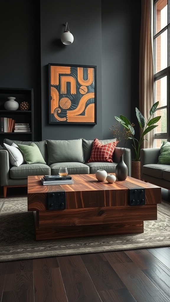 A stylish coffee table made of dark wood with metal accents in a dark earthy living room.