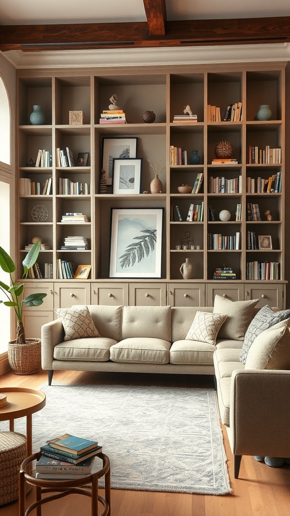 Cozy living room with functional built-in shelving and comfortable seating.