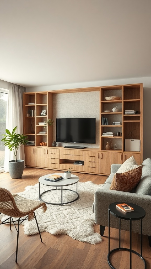 A modern living room with built-in wooden storage and a cozy seating area.