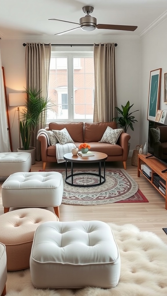 Cozy living room with functional furniture, including a brown sofa, round coffee table, and storage ottomans.