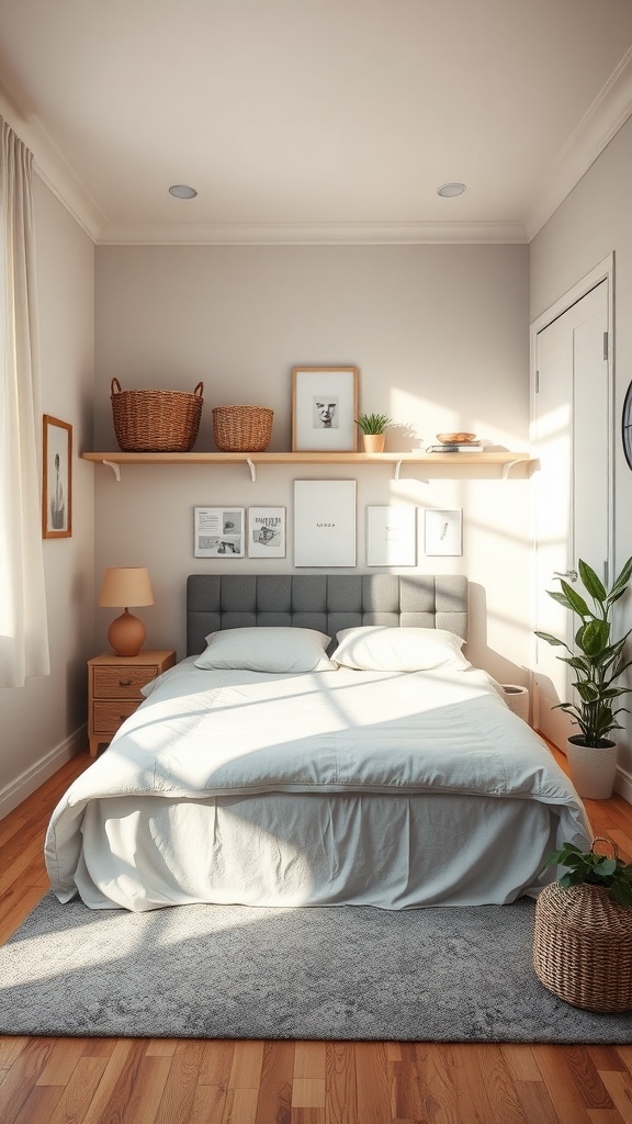 A well-organized bedroom featuring shelves with baskets, a cozy bed, and plants, emphasizing functional storage solutions.