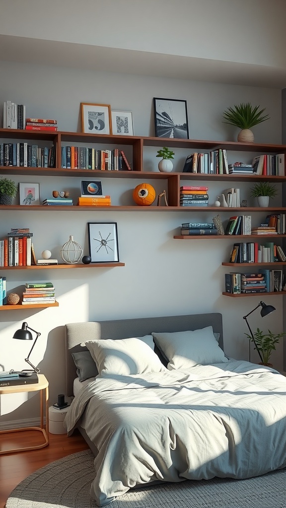 A cozy bedroom featuring functional wall shelves with books and decorative items, complemented by stylish lamps and a warm color palette.