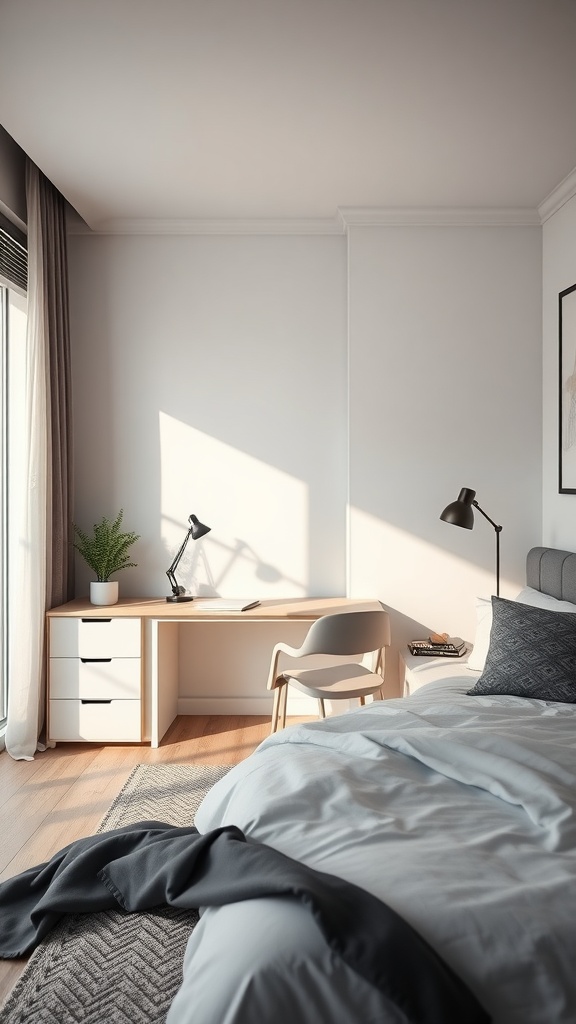 A cozy bedroom corner with a workspace, featuring a wooden desk, a chair, and natural lighting.