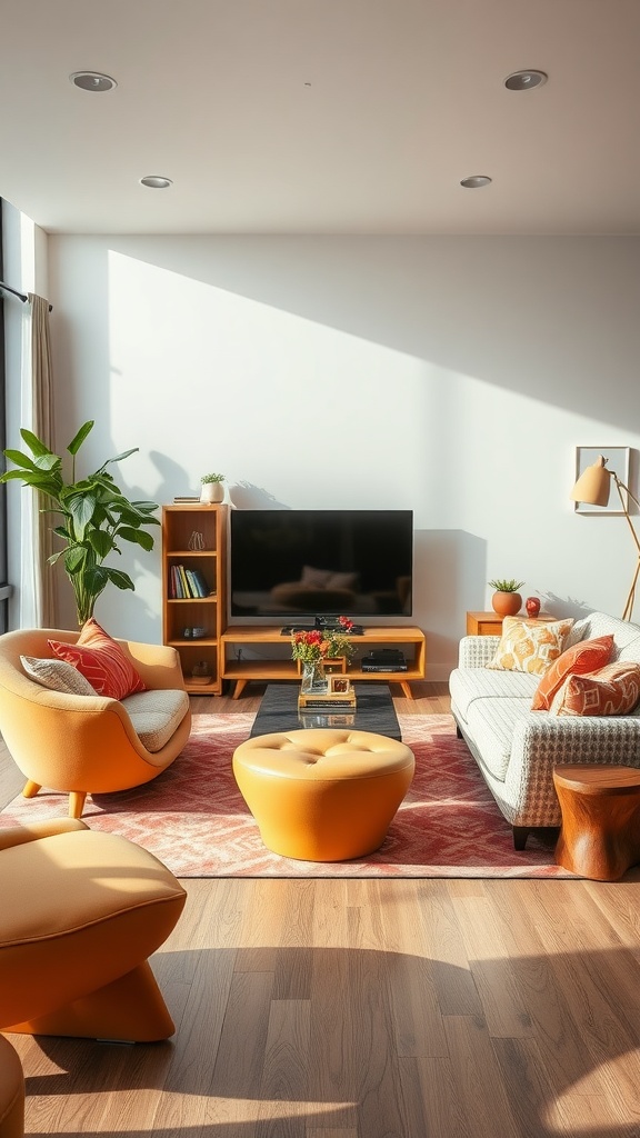 A stylish living room featuring funky furniture shapes, including rounded chairs and a unique coffee table.