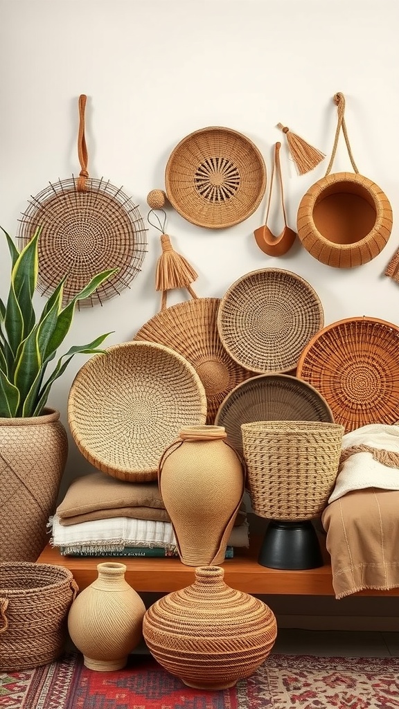 A collection of woven baskets, vases, and decor items in warm tones, displayed in a boho style.