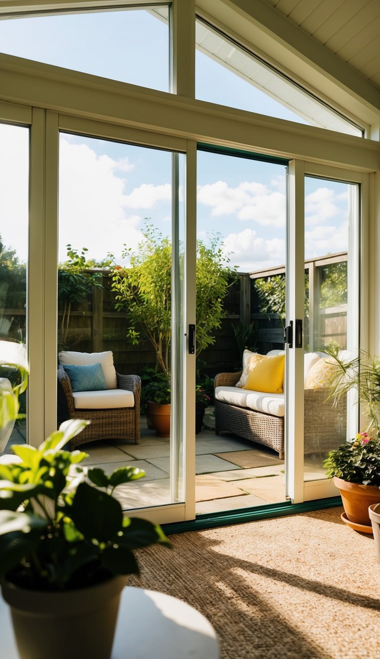 A sunlit sunroom with sliding glass doors leading to a garden, cozy seating, and potted plants