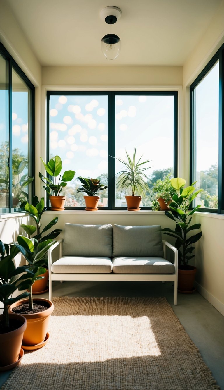 A sunlit sunroom with a simple, modern sofa set, surrounded by potted plants and large windows