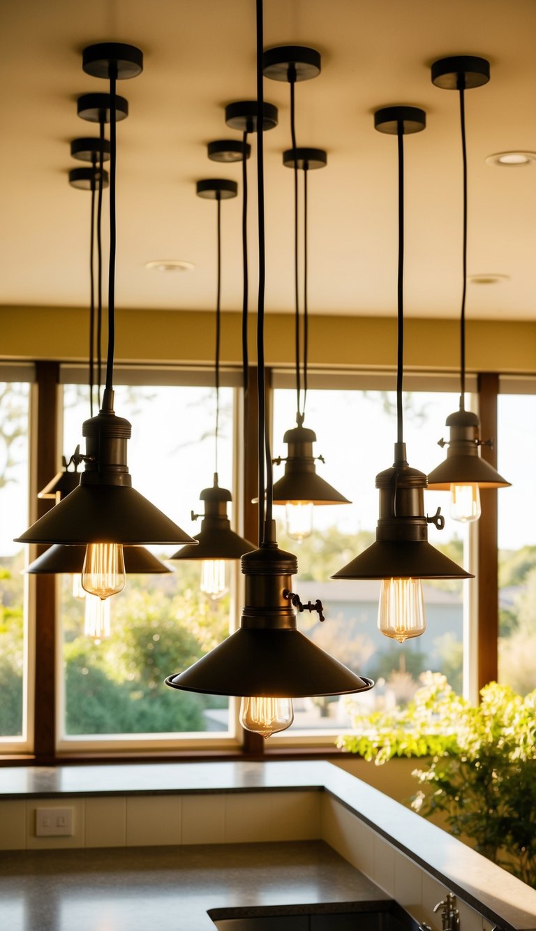 A sunlit sunroom with 23 industrial pendant lights hanging from the ceiling, casting a warm and inviting glow over the space