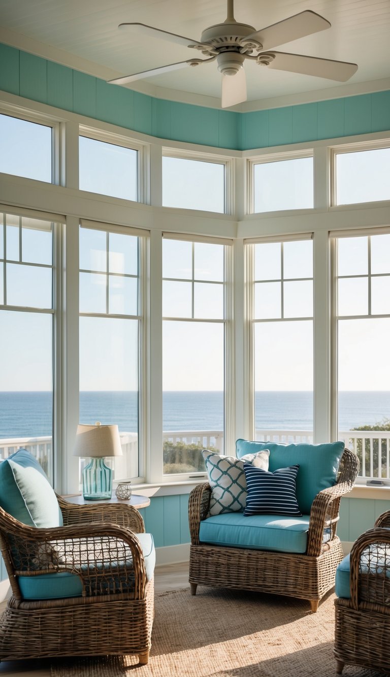 A sunroom with coastal-themed décor, featuring wicker furniture, nautical accents, and large windows overlooking the ocean