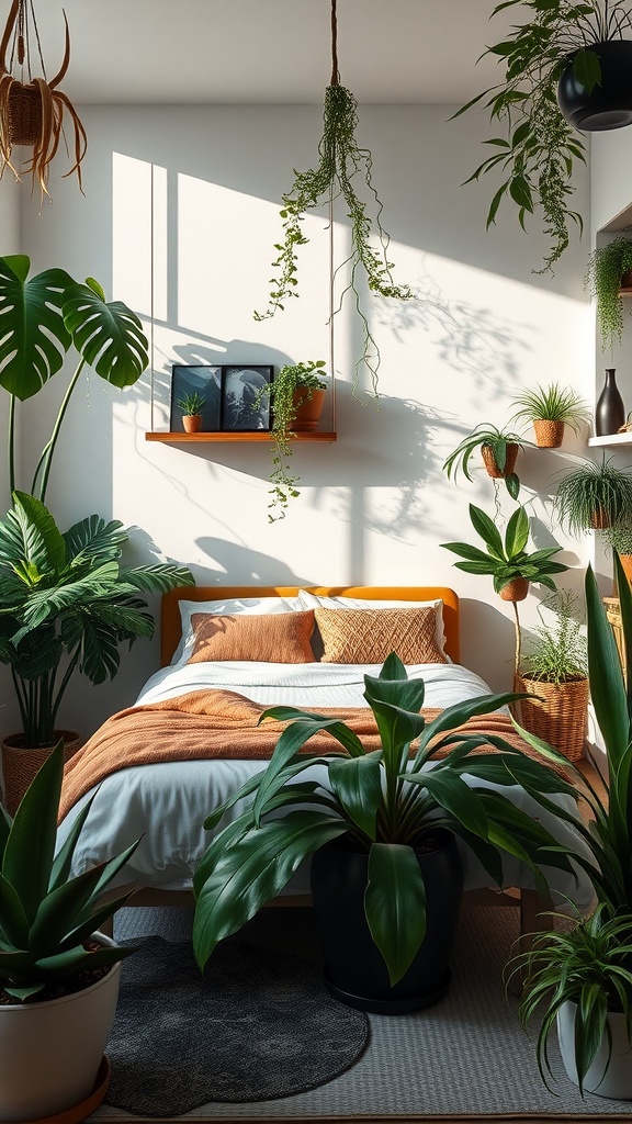 A cozy bedroom decorated with various indoor plants and a neatly made bed.