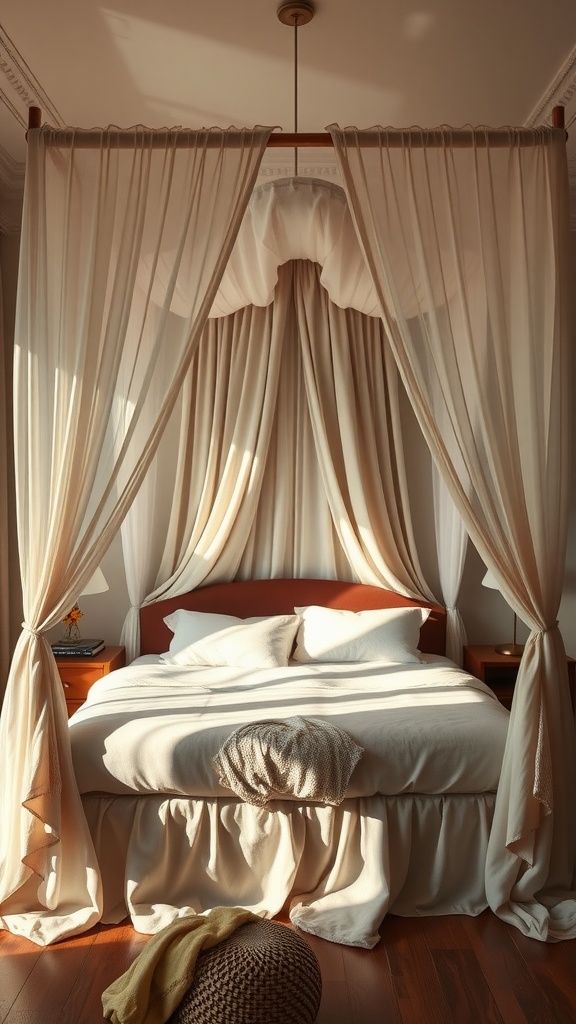 A cozy bedroom featuring a canopy bed with draped fabric.