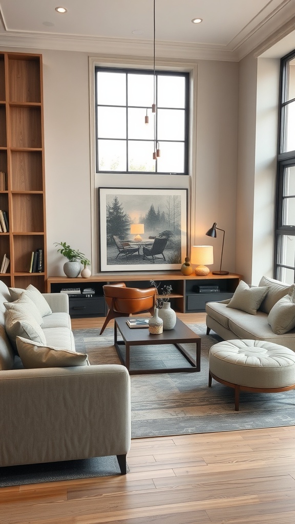 A stylish living room featuring built-in seating and a modern design.