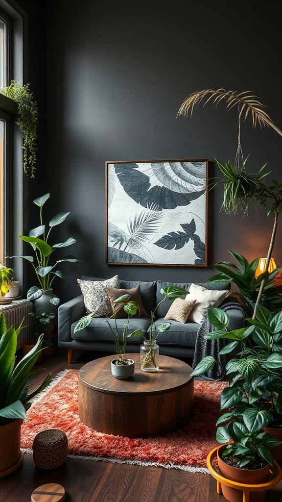 A dark earthy living room filled with various indoor plants, featuring a cozy sofa and a wooden coffee table.