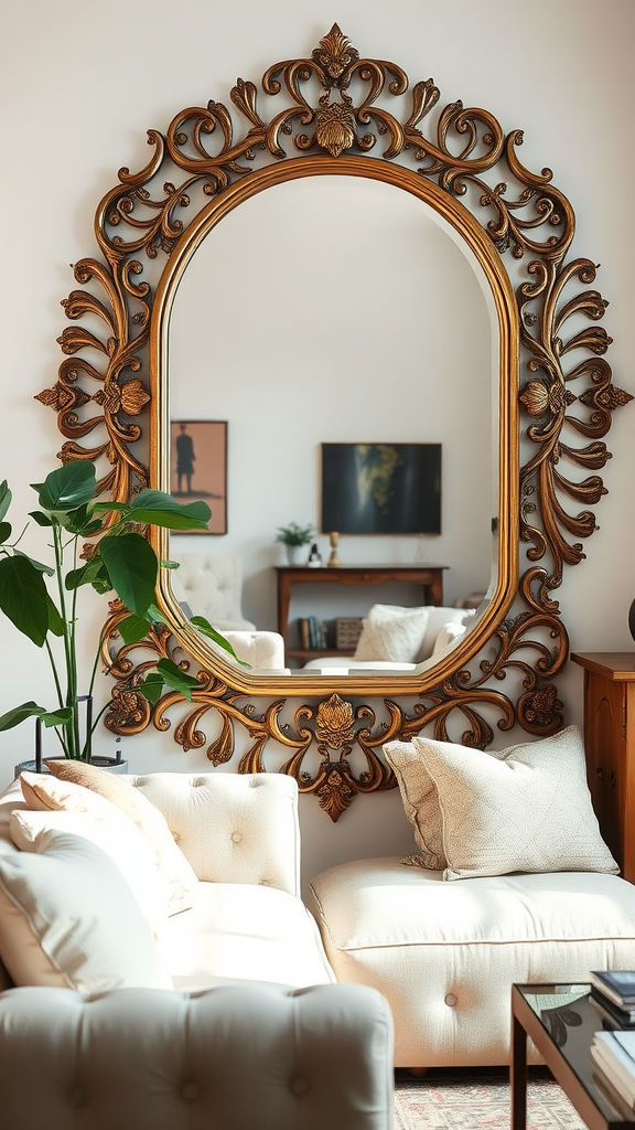 A small living room with a large decorative mirror on the wall, featuring a cozy seating arrangement and a plant.