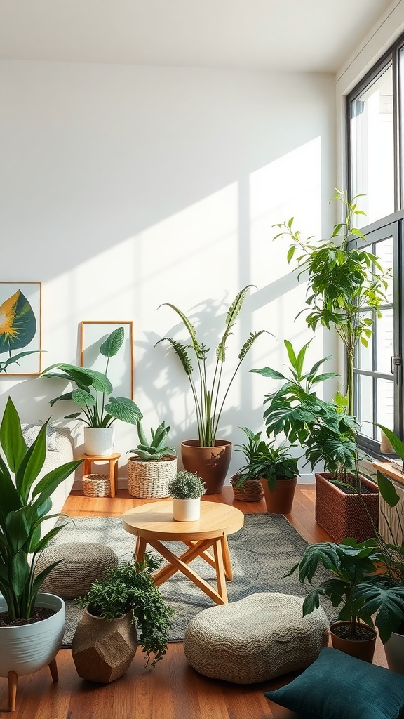 A bright living room filled with various indoor plants, a wooden coffee table, and cozy seating.