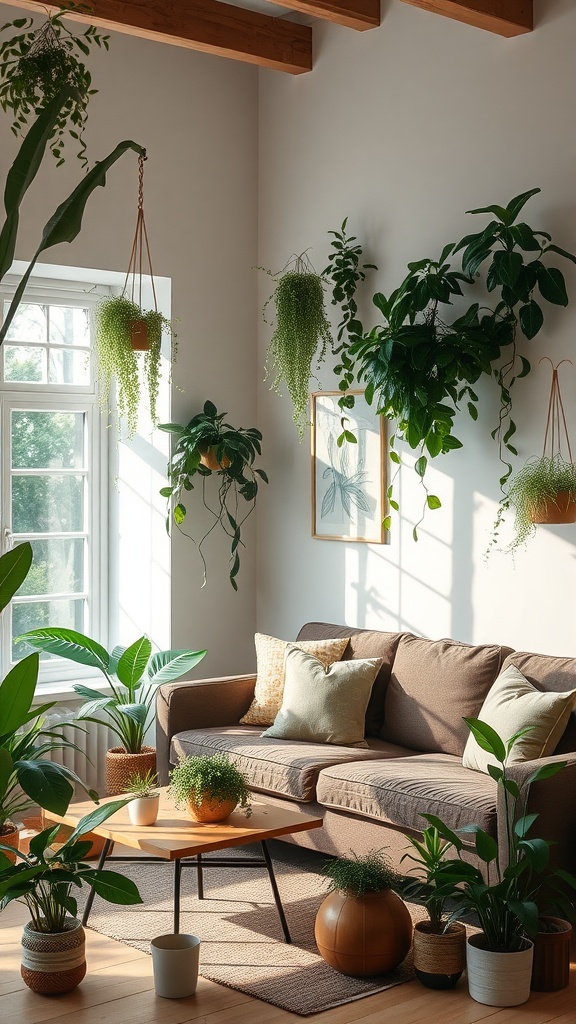 A cozy living room filled with various plants, including hanging and potted greenery, enhancing the natural feel of the space.