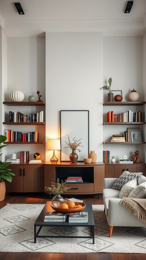 A cozy living room featuring open shelving with books, decor, and plants.