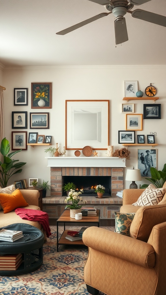 Cozy living room with personal photos and decor.