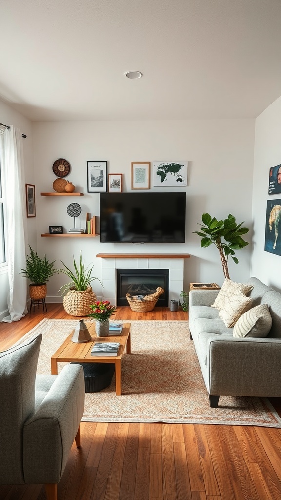 A bright living room featuring plants, recycled furniture, and decor elements.