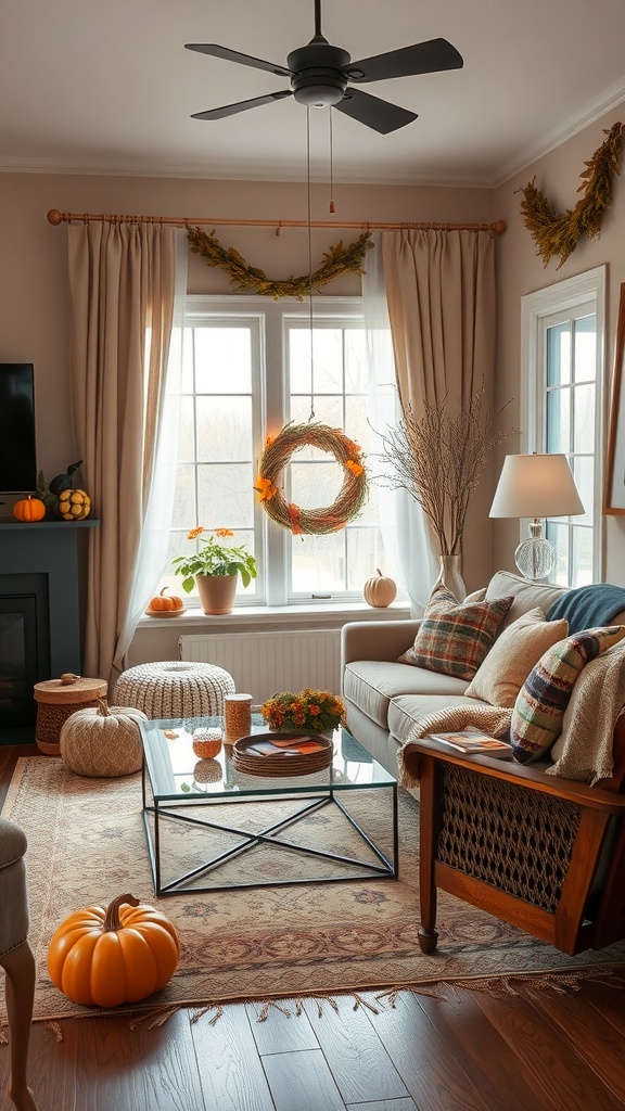 A cozy living room featuring autumn decor with pumpkins, a wreath, and warm colors.