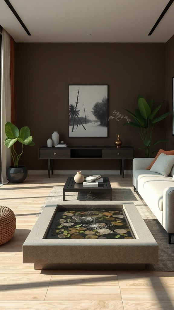 A modern living room featuring a water installation with pebbles and plants.