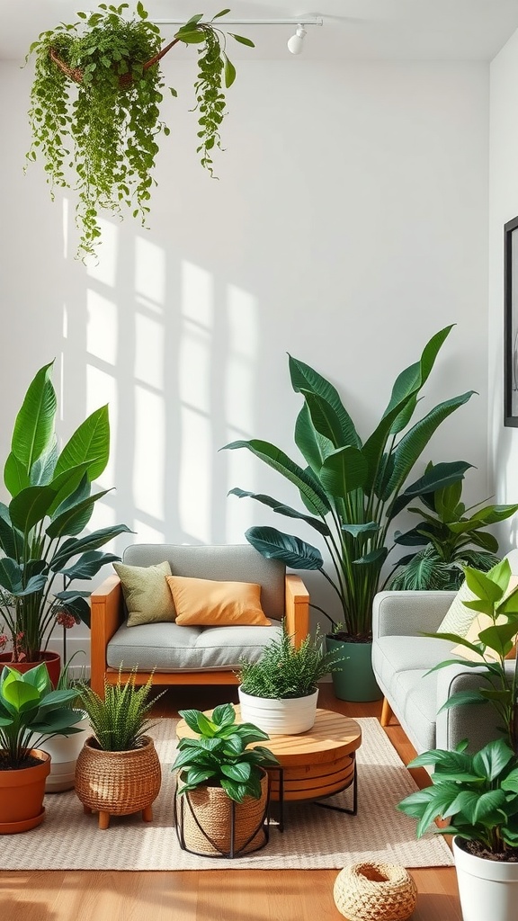 Cozy living room with various indoor plants, featuring a comfortable seating area and natural light.