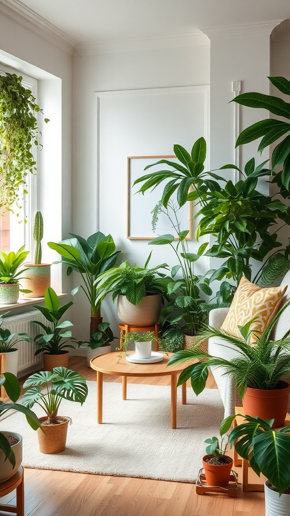 Living room filled with various indoor plants, bright and inviting atmosphere.