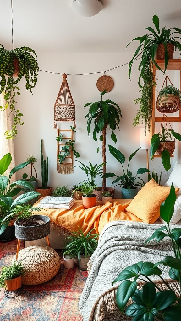 A cozy boho bedroom filled with various indoor plants, showcasing a mix of greenery and warm colors.