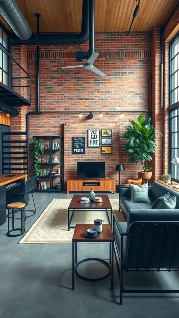 A modern industrial living room featuring black furniture, exposed brick, and large windows.