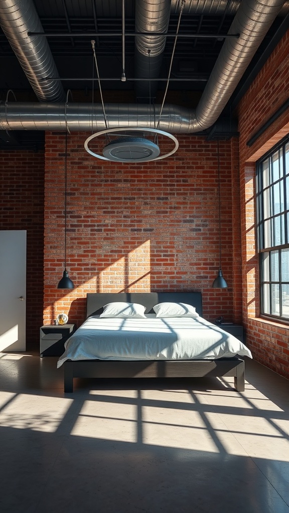 A stylish bedroom featuring exposed brick walls, a modern bed, and industrial ceiling fixtures.