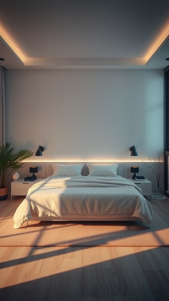 A modern bedroom featuring soft lighting with LED strips and bedside lamps.