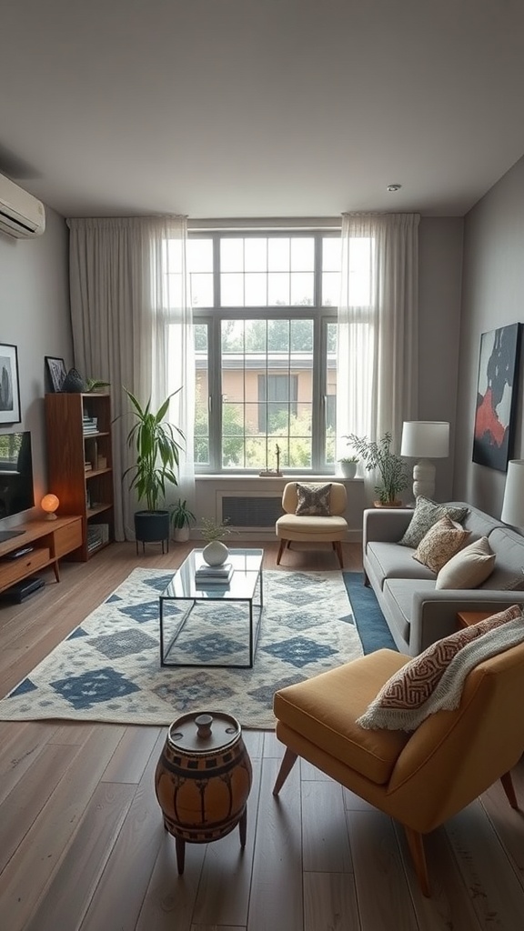 A stylish living room with modern furniture and a cozy layout.