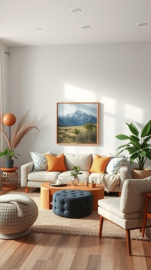 A cozy living room with natural decor featuring green plants, wooden furniture, and mountain artwork.