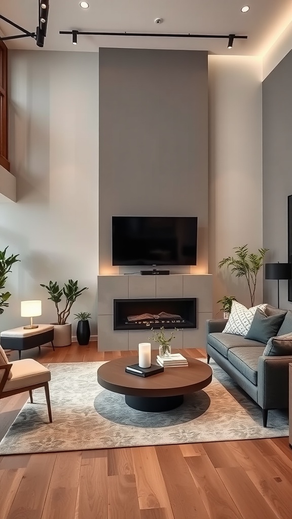 Modern living room with smart home technology, featuring a stylish sofa, coffee table, and a large TV mounted on the wall.