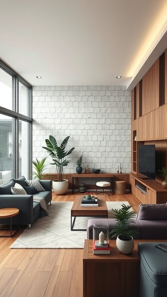 A modern living room featuring natural elements like plants and wooden furniture, combined with technology.