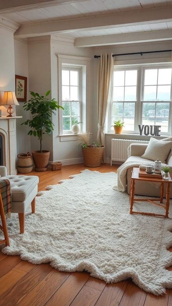 Cozy cottage living room featuring a fluffy white area rug on wooden flooring