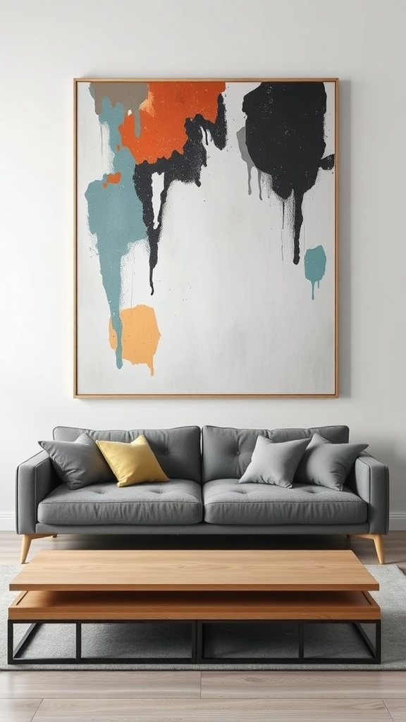 A modern living room featuring a large abstract painting with vibrant colors above a gray sofa and wooden coffee table.