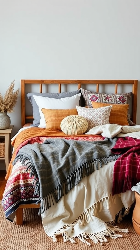 A cozy boho bedroom featuring layered bedding with decorative pillows and throws.