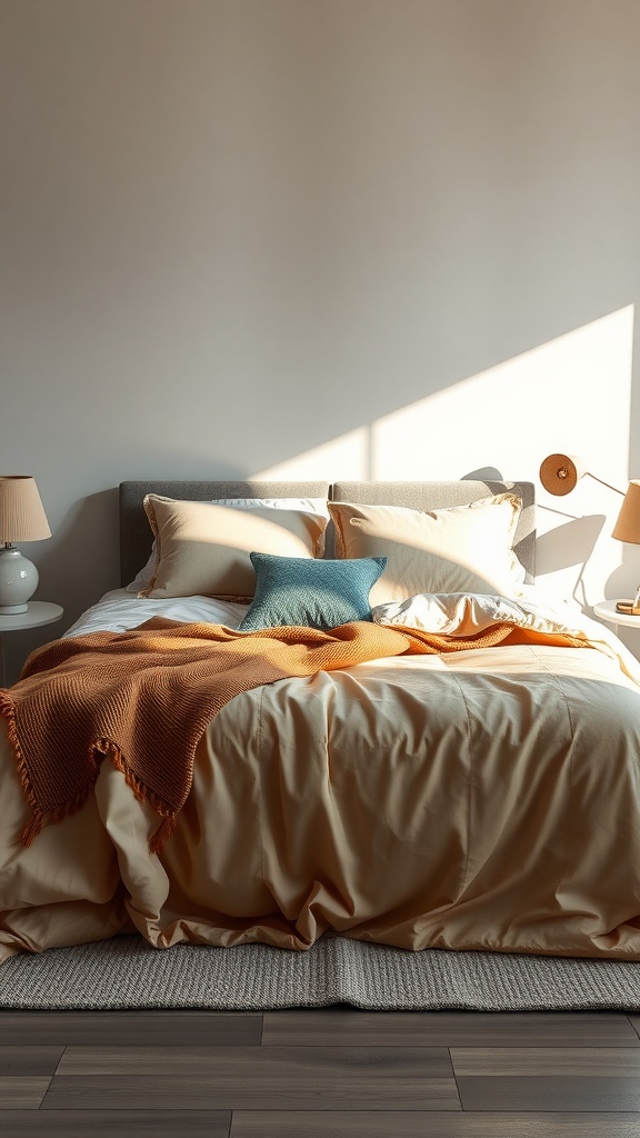 A cozy bed with layered neutral bedding and a colorful decorative pillow, illuminated by soft light