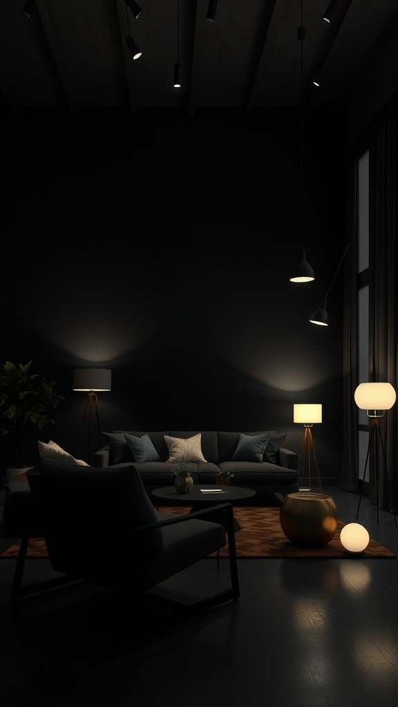 A stylish black living room featuring layered lighting with floor and table lamps illuminating dark walls and furniture.