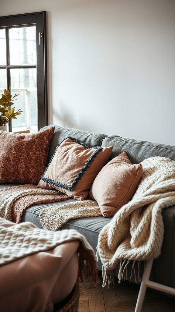 Cozy living room with layered textiles on a gray sofa, including pillows and throws.