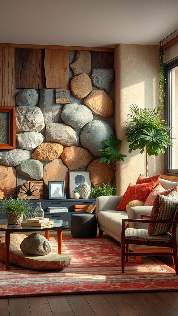 A cozy living room featuring natural elements like a stone and wood wall, plants, and neutral-toned furniture.