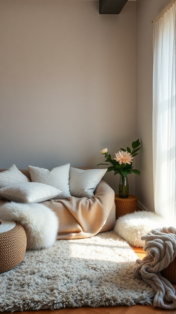 Cozy small living room with layered textures including fluffy pillows, a soft throw, and a plush rug.