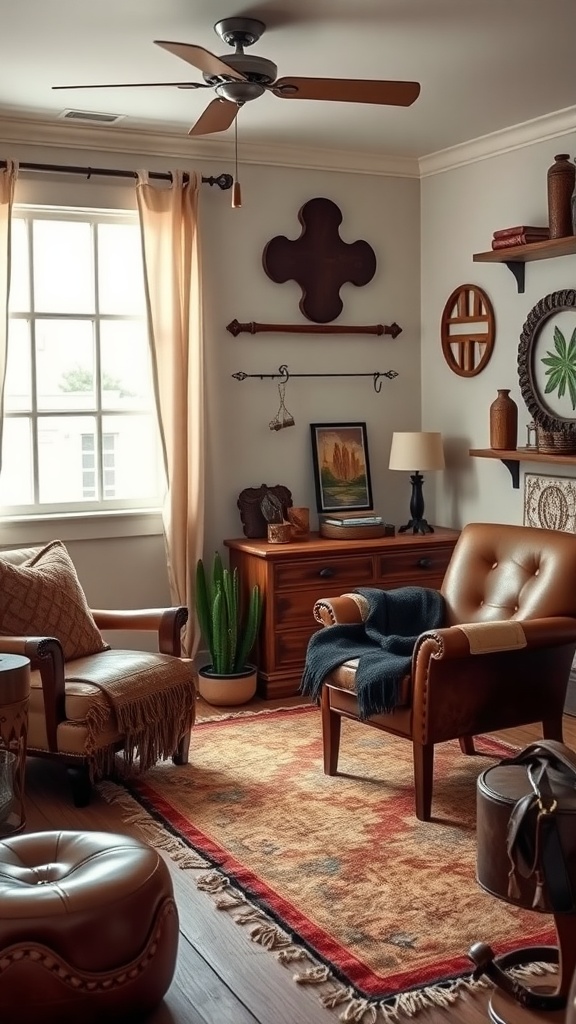 Cozy western-themed bedroom with leather chairs and warm decor