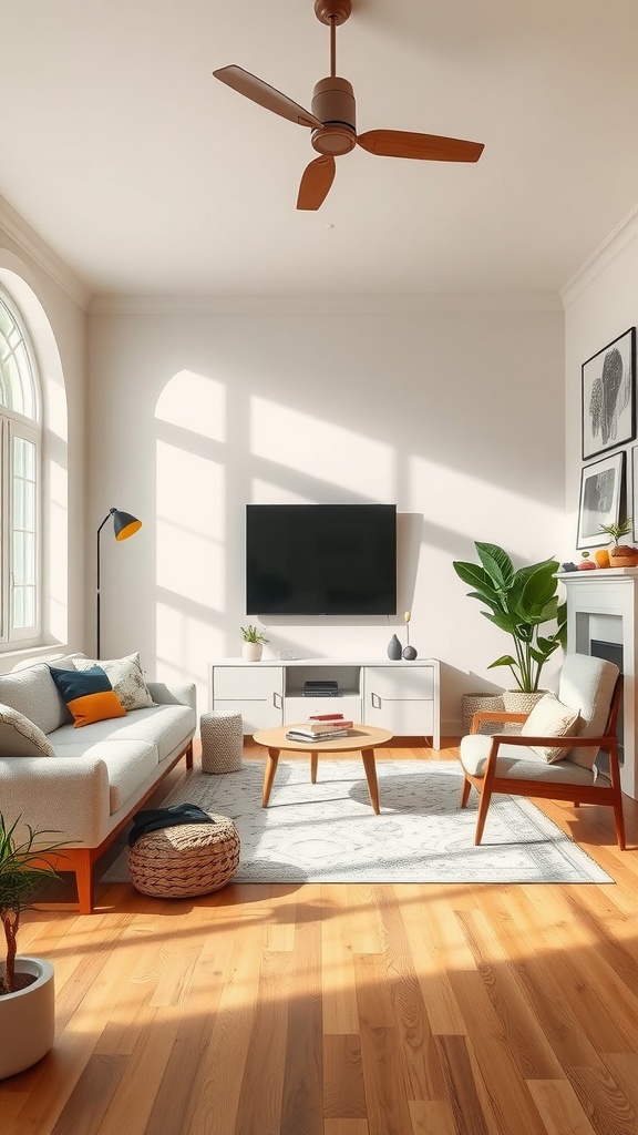 A bright and airy living room with natural light, showcasing a cozy setup with a green plant, modern furniture, and a television.