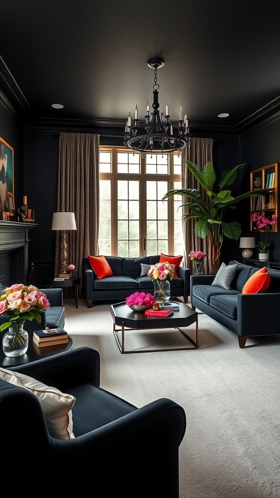 A stylish black living room featuring jewel tones and elegant decor.