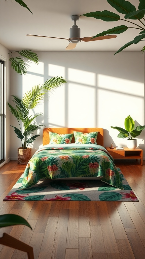 A bright bedroom with tropical decor, featuring a colorful bedspread and large plants.