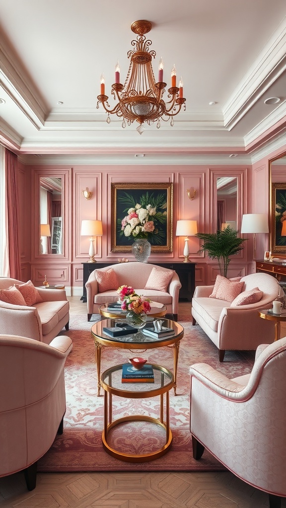 Luxurious pink living room featuring velvet furniture, elegant chandelier, and floral decor