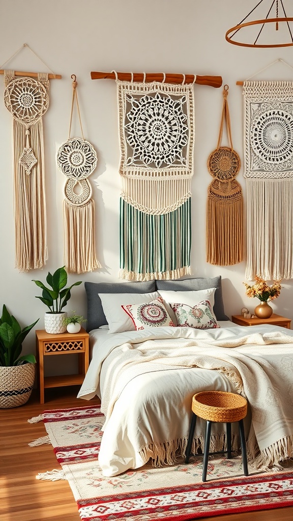 A cozy boho bedroom featuring various macramé wall hangings in neutral tones.